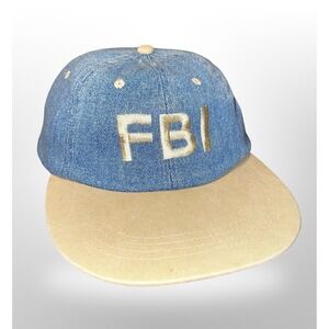 Vintage 90s Nissin FBI Hat Cap Snapback Denim/Beige One Size Adjustable